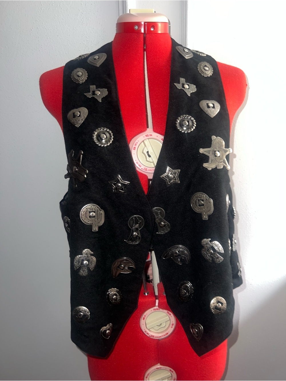 Vintage 90s ANASTASIA Black Charm Vest Heavy Metal Novelty Western Concho Medium